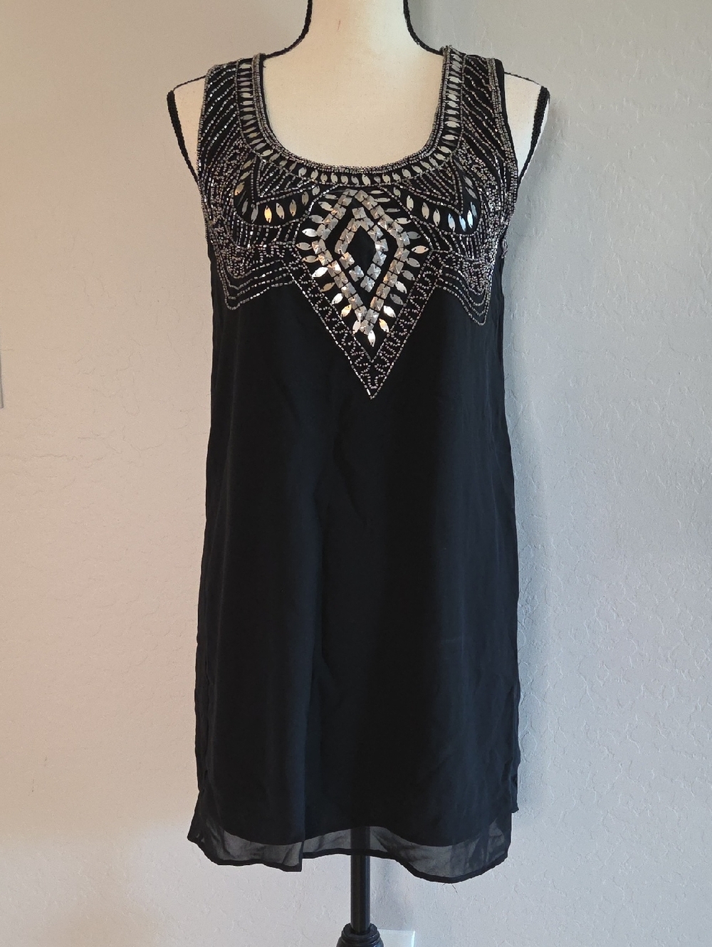 Angie Black and Silver Beaded Trim Mini Dress Size Med NWOT